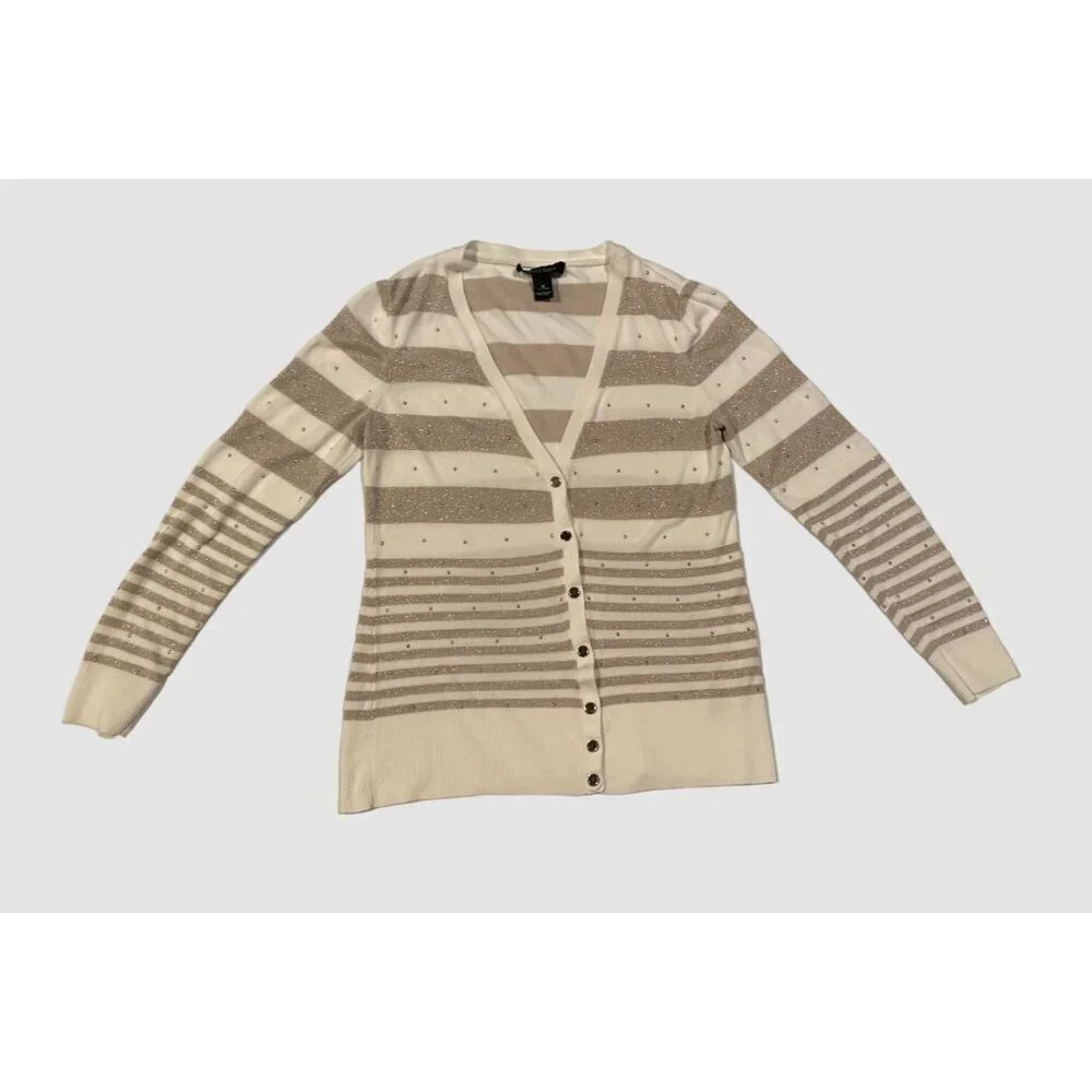 White House Black Market Cardigan Sweater M Striped Beige Metallic Rhinestone Bu - Picture 3 of 8